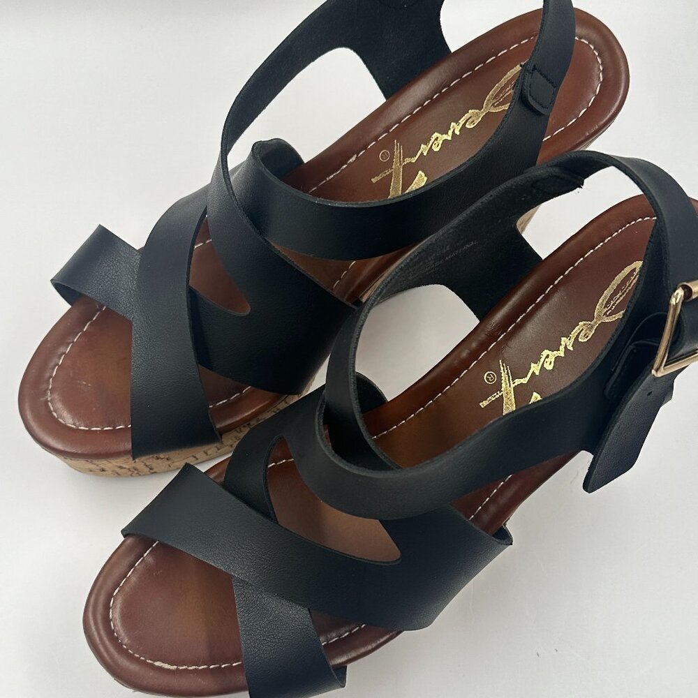 Seven 7 Winnie Wedge Black Wooden Cork Womens Size 9 Strappy Buckle Heel - Picture 3 of 7